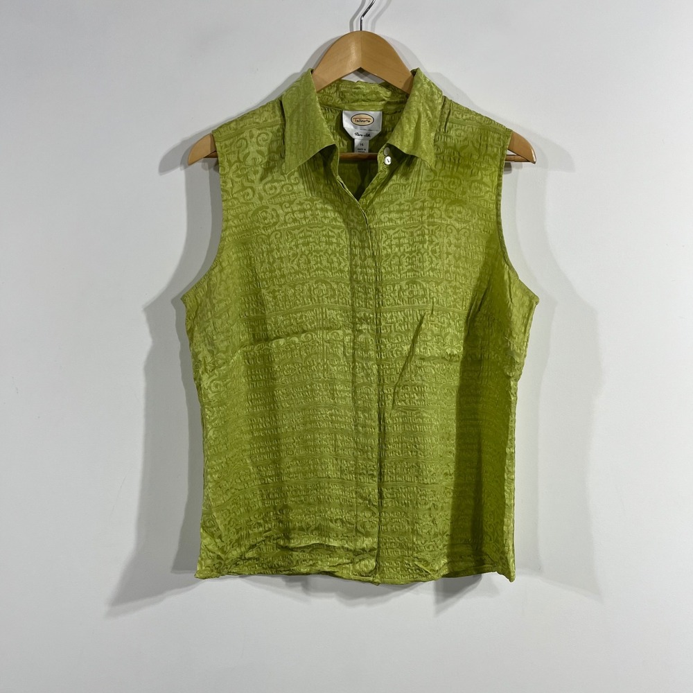 Talbots VTG 90s Pure Silk Fairy Grunge Blouse Green Jacquard Top Womens 14 Boho